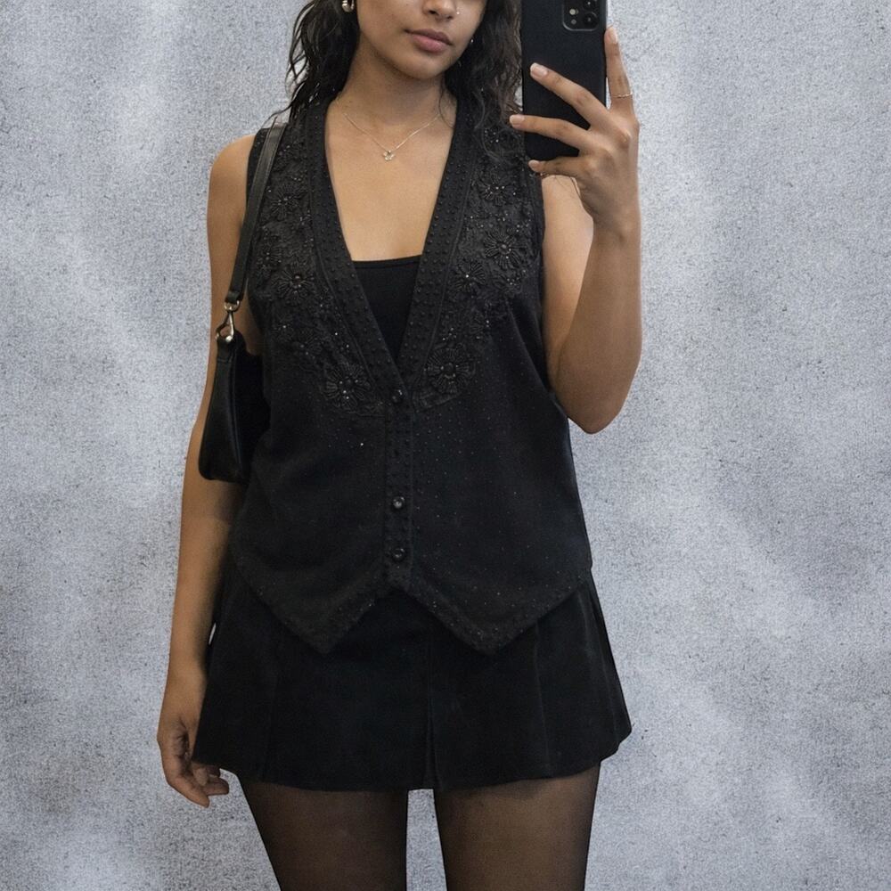 Vintage Talbots Black Beaded Lace Wool V-Neck Vest Size Large